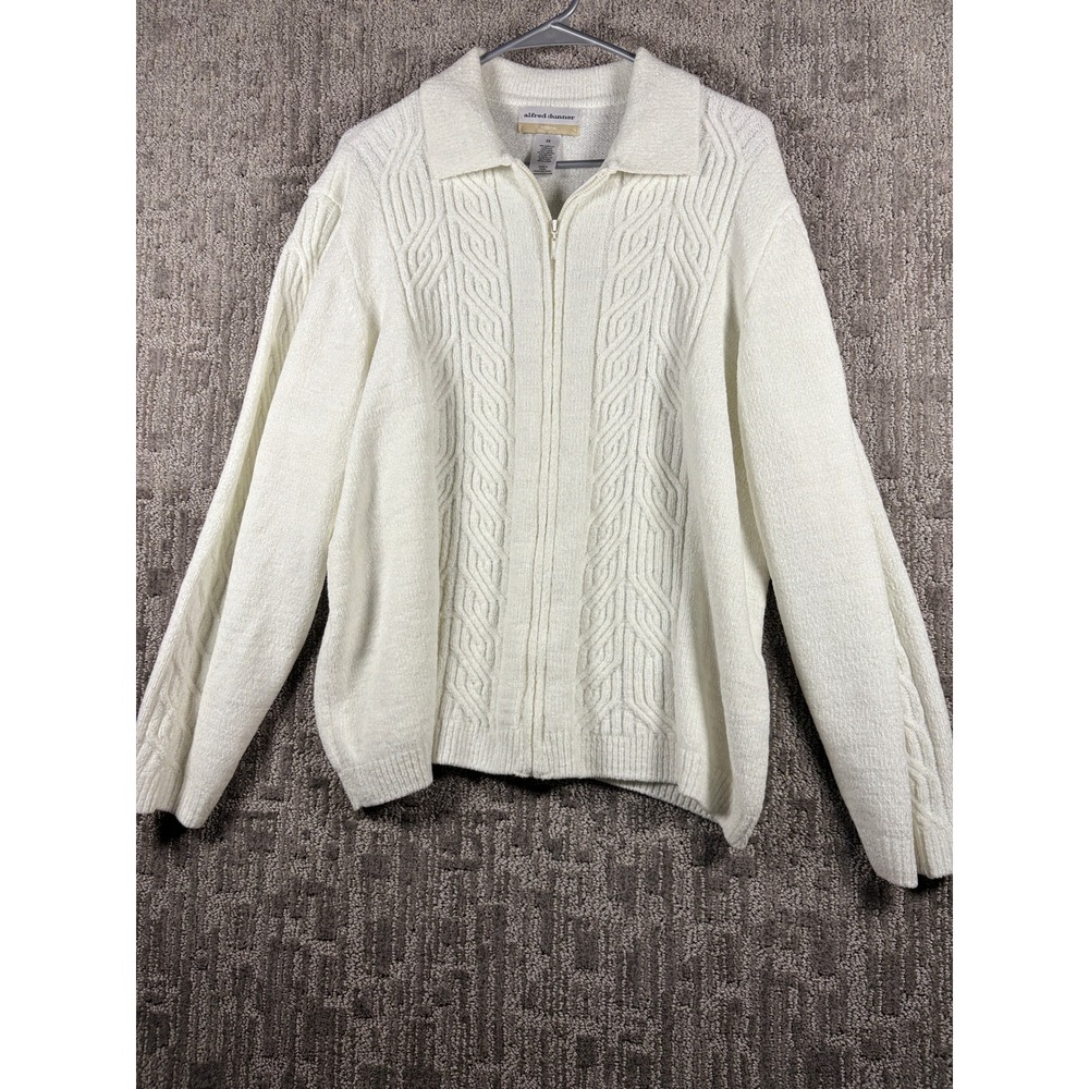 Alfred Dunner Woman White Cable Knit Metallic Zip Front Sweater 2X
